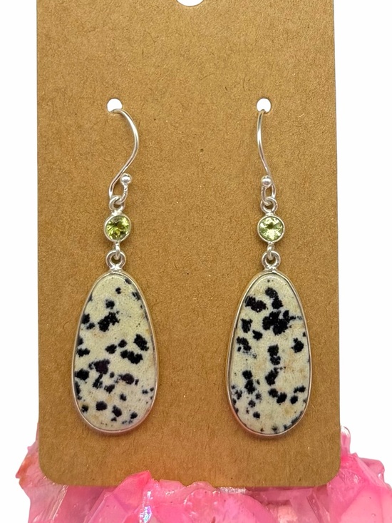 925 Sterling Silver Jewelry - Dalmatian Jasper Peridot Earrings Solid 925 Sterling Silver